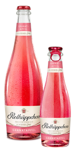 Eine Flasche Rotkaeppchen Fruchtsecco Alkoholfrei Granatapfel, elegant präsentiert und freigestellt